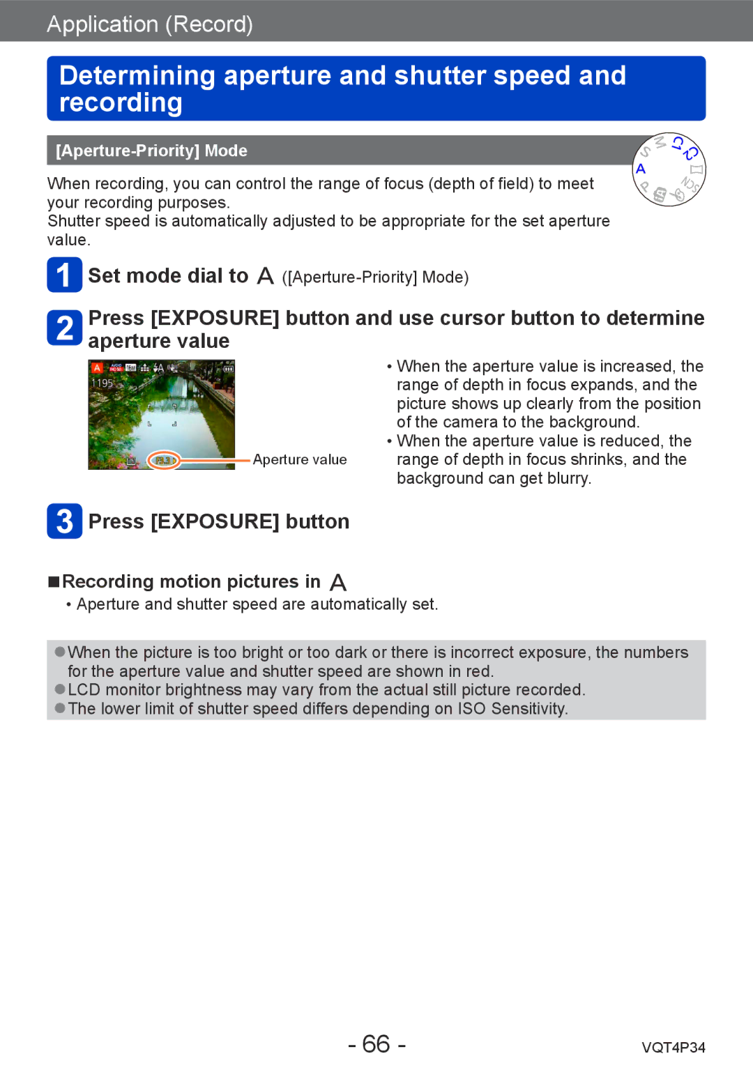 Panasonic DMC-TZ35 Determining aperture and shutter speed and recording, Press Exposure button, Aperture-Priority Mode 