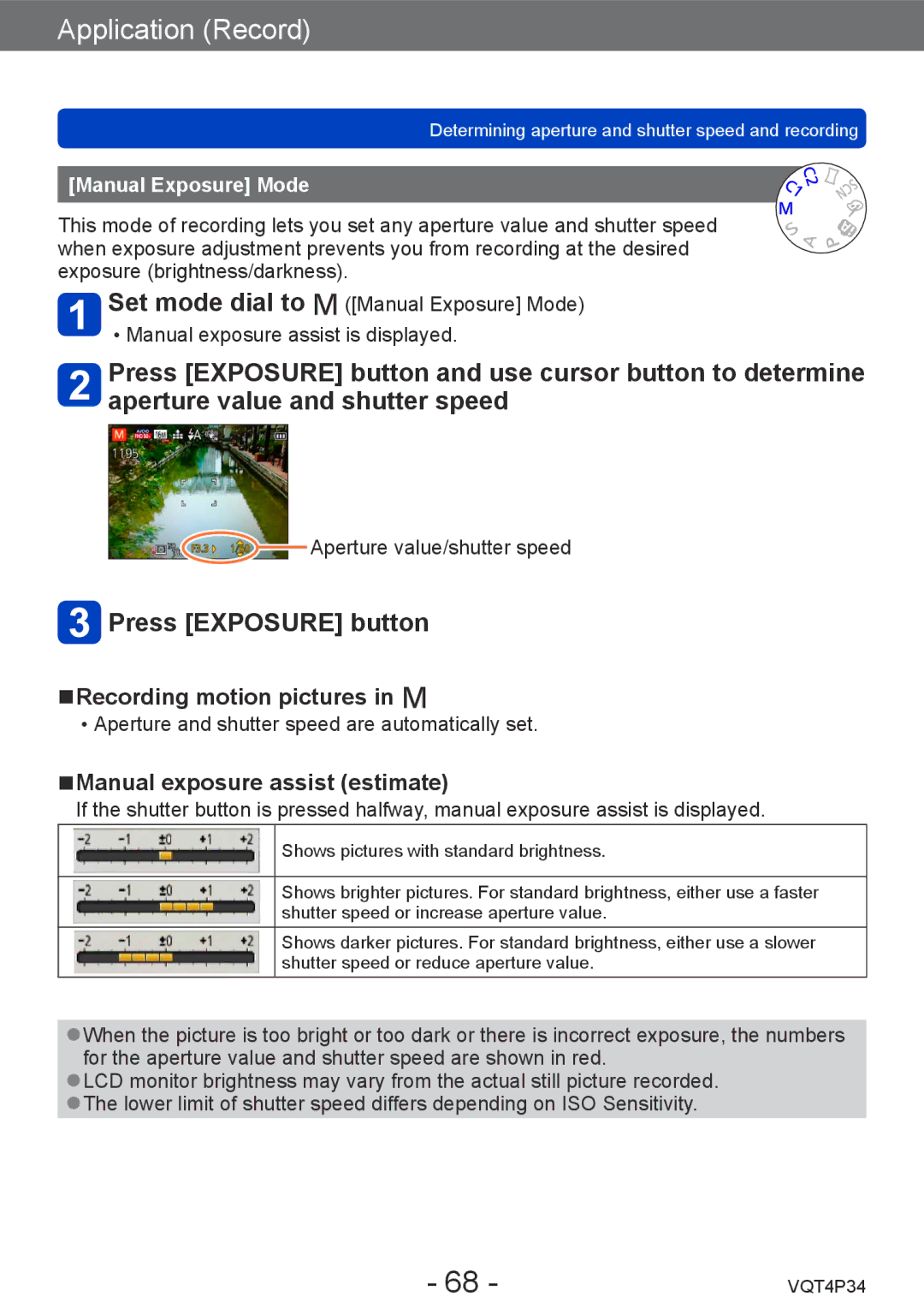 Panasonic DMC-TZ35 operating instructions Manual exposure assist estimate, Manual Exposure Mode 