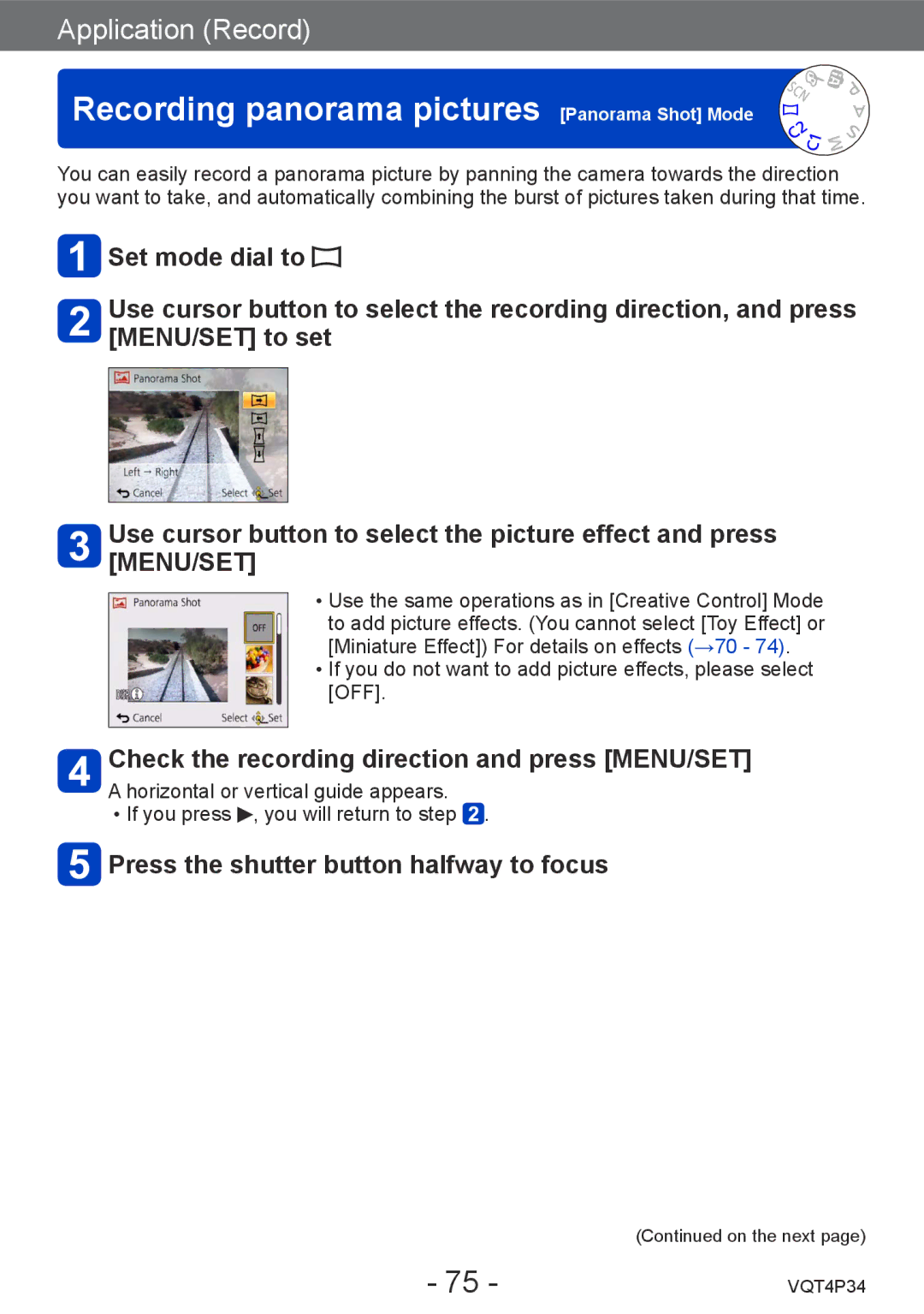 Panasonic DMC-TZ35 Recording panorama pictures Panorama Shot Mode, Check the recording direction and press MENU/SET 