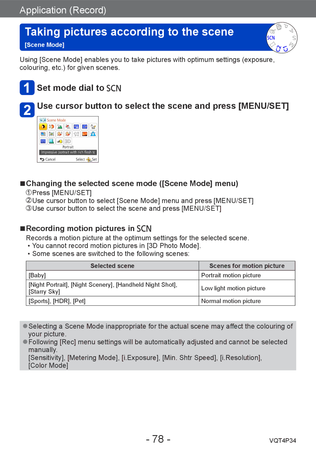 Panasonic DMC-TZ35 Taking pictures according to the scene, Changing the selected scene mode Scene Mode menu 