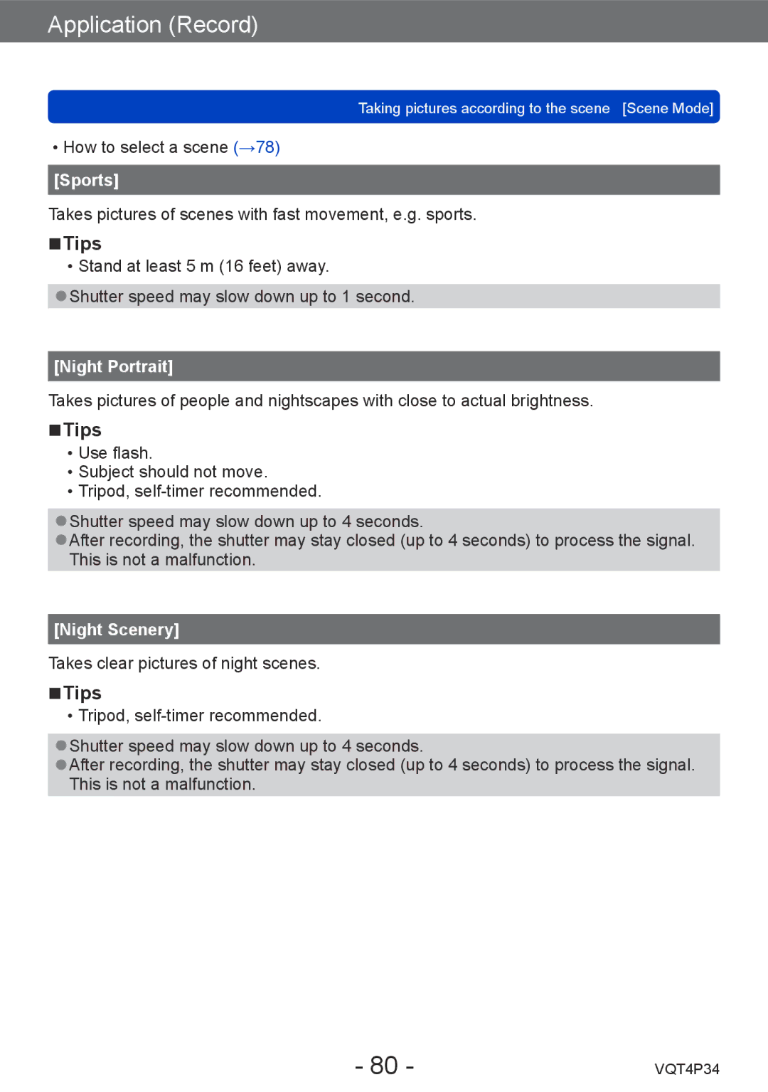 Panasonic DMC-TZ35 operating instructions Sports, Night Portrait, Night Scenery 