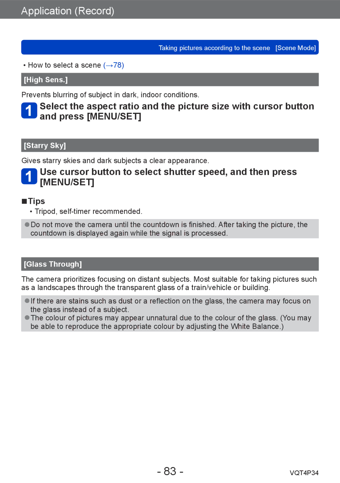 Panasonic DMC-TZ35 operating instructions High Sens, Starry Sky, Glass Through 