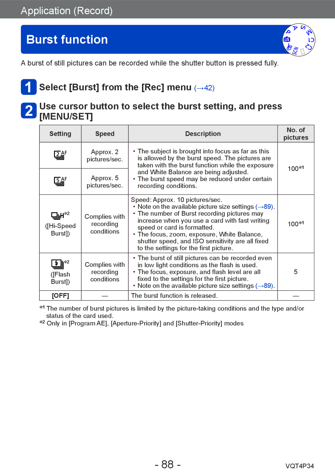 Panasonic DMC-TZ35 operating instructions Burst function, Setting Speed Description No. Pictures 