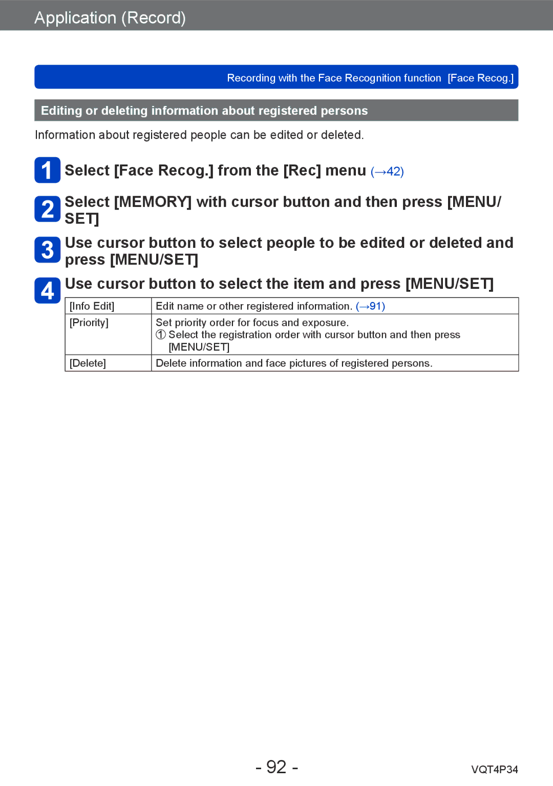 Panasonic DMC-TZ35 operating instructions Editing or deleting information about registered persons 