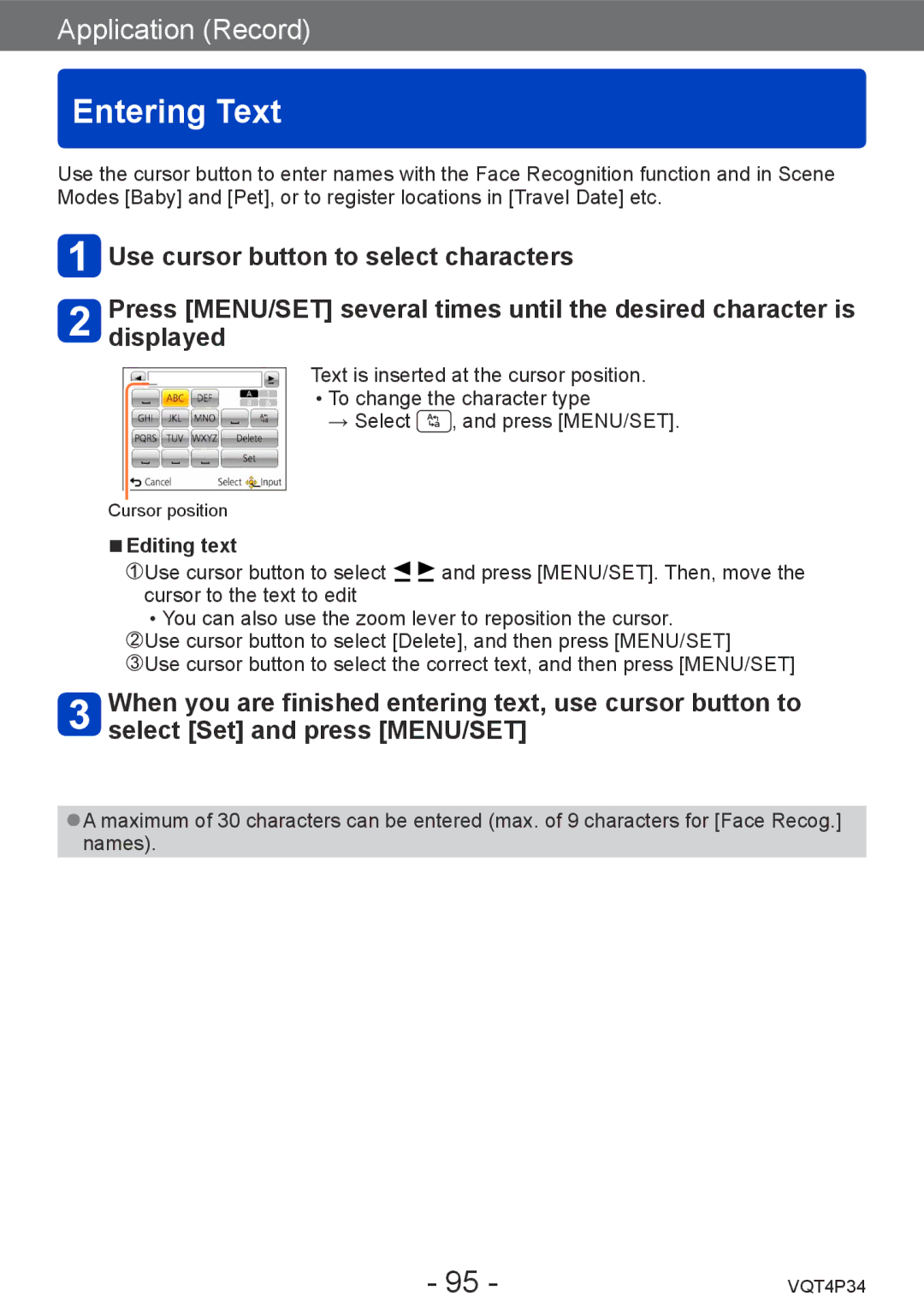 Panasonic DMC-TZ35 operating instructions Entering Text, Editing text 