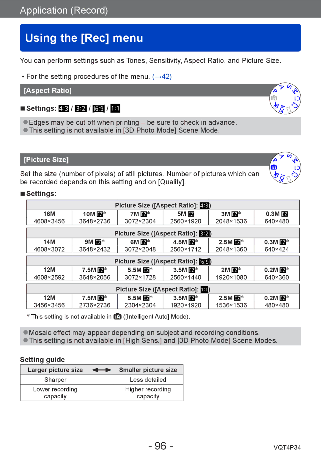 Panasonic DMC-TZ35 operating instructions Using the Rec menu, Aspect Ratio, Picture Size, Setting guide 