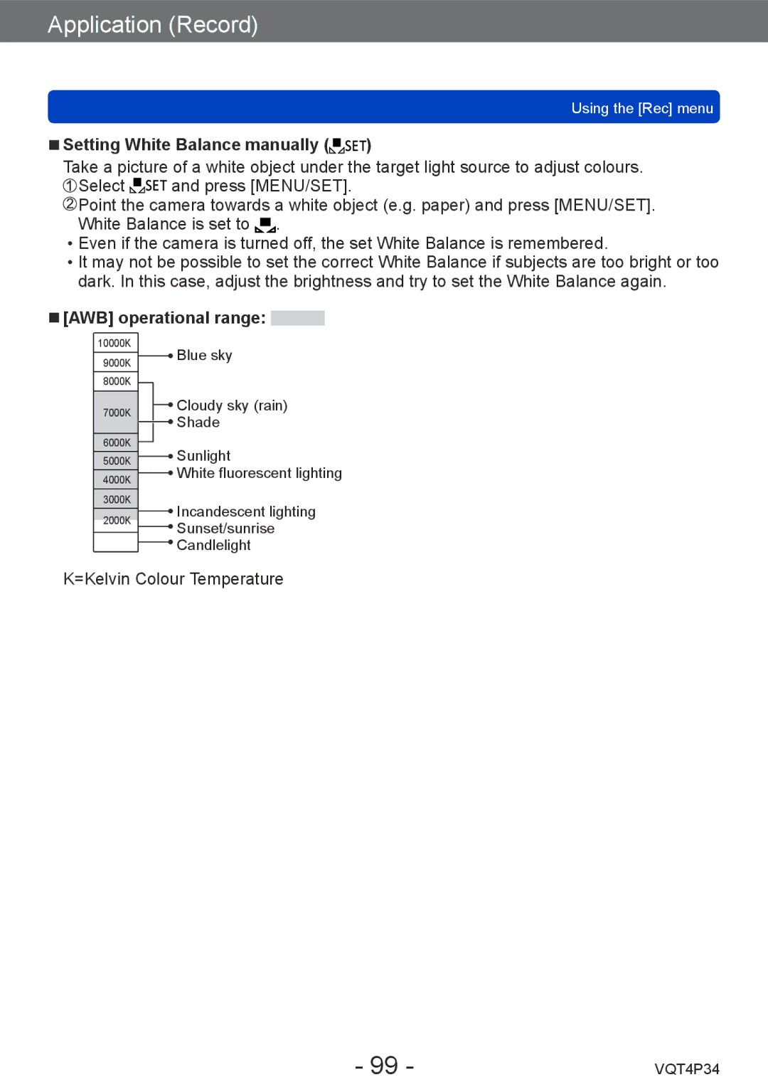 Panasonic DMC-TZ35 operating instructions Setting White Balance manually, AWB operational range 