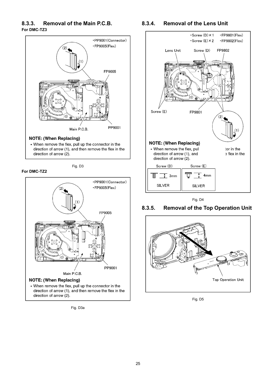 Panasonic DMC-TZ3EB, DMC-TZ3EE, DMC-TZ3PC manual Removal of the Main P.C.B Removal of the Lens Unit 