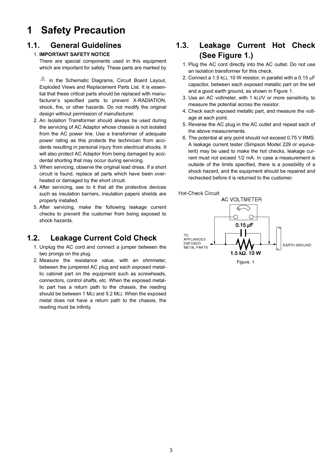 Panasonic DMC-TZ3PC, DMC-TZ3EB, DMC-TZ3EE manual Safety Precaution, General Guidelines, Leakage Current Cold Check 