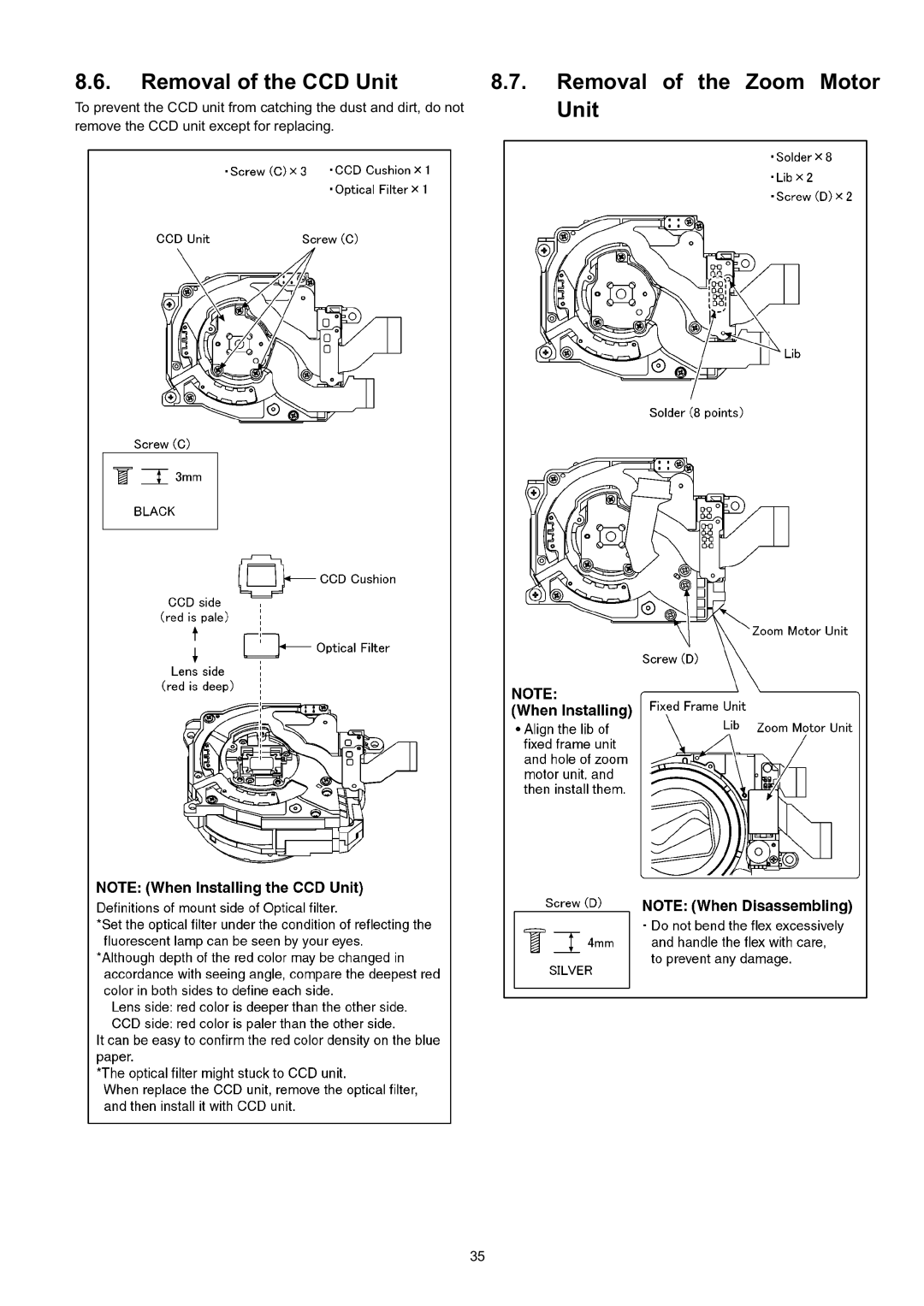 Panasonic DMC-TZ3PC, DMC-TZ3EB Removal of the CCD Unit Removal of the Zoom Motor, Remove the CCD unit except for replacing 