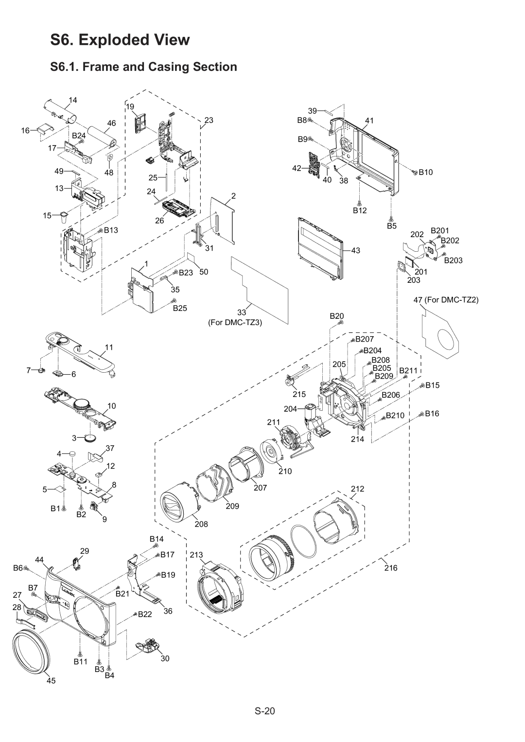 Panasonic DMC-TZ3EE, DMC-TZ3EB, DMC-TZ3PC manual S6. Exploded View, S6.1. Frame and Casing Section 