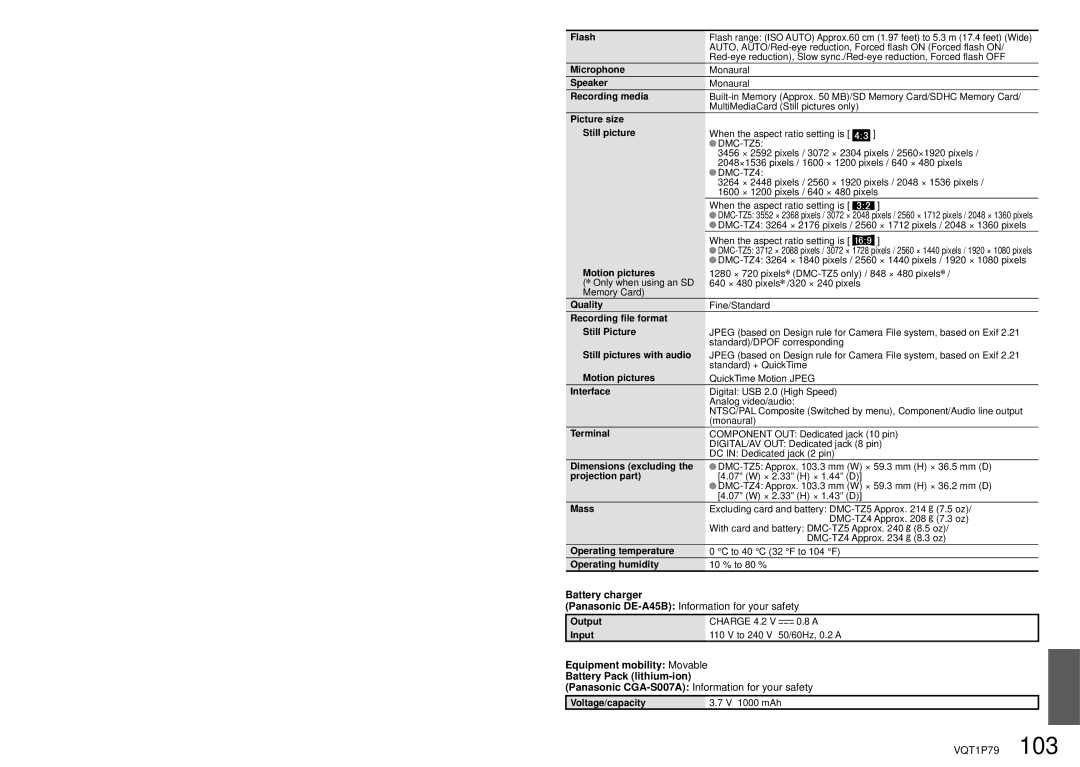 Panasonic DMC-TZ4 Flash, Microphone, Speaker, Recording media, Picture size Still picture, Motion pictures, Quality, Mass 