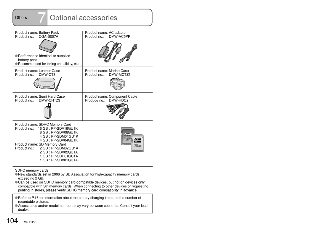 Panasonic DMC-TZ5, DMC-TZ4 Optional accessories, Product name Battery Pack Product name AC adaptor Product no 