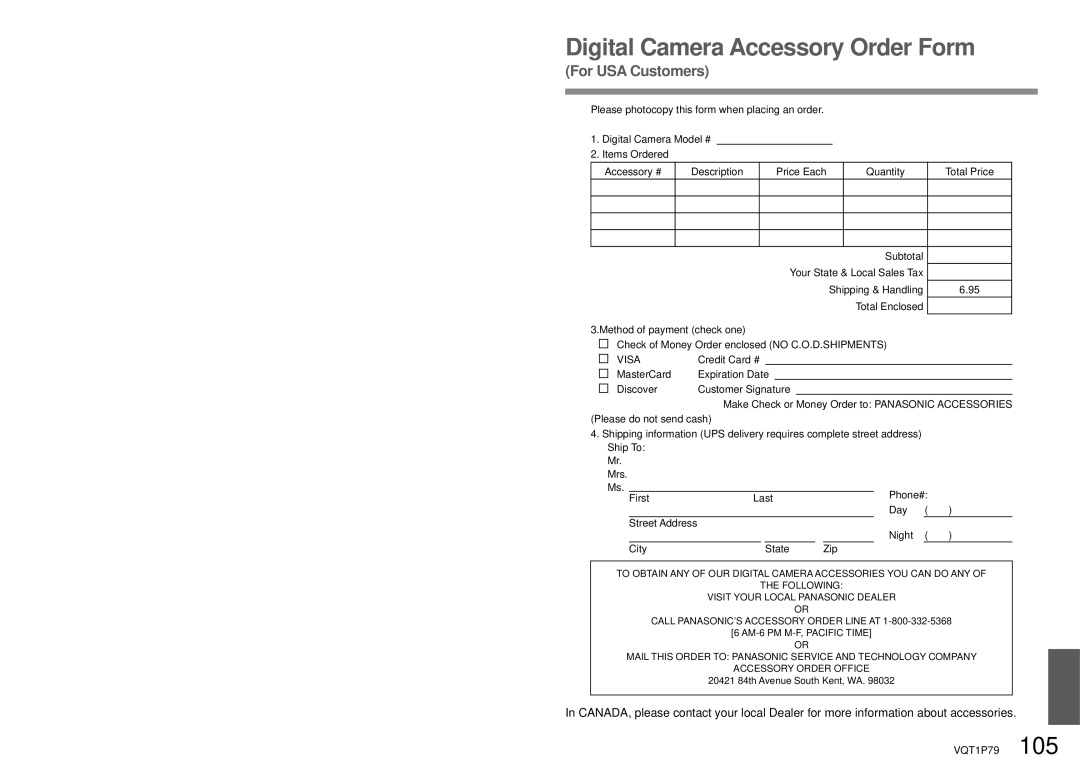 Panasonic DMC-TZ4, DMC-TZ5 operating instructions Digital Camera Accessory Order Form, Visa 