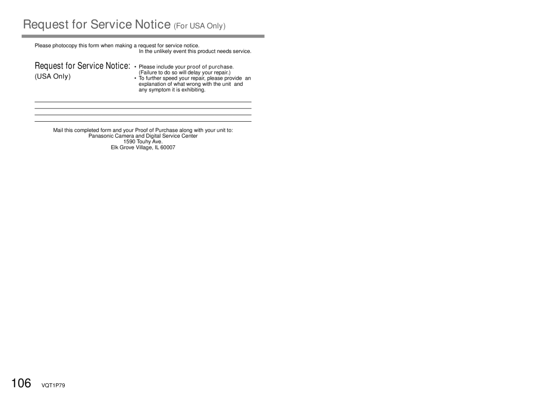 Panasonic DMC-TZ5, DMC-TZ4 operating instructions Request for Service Notice For USA Only 