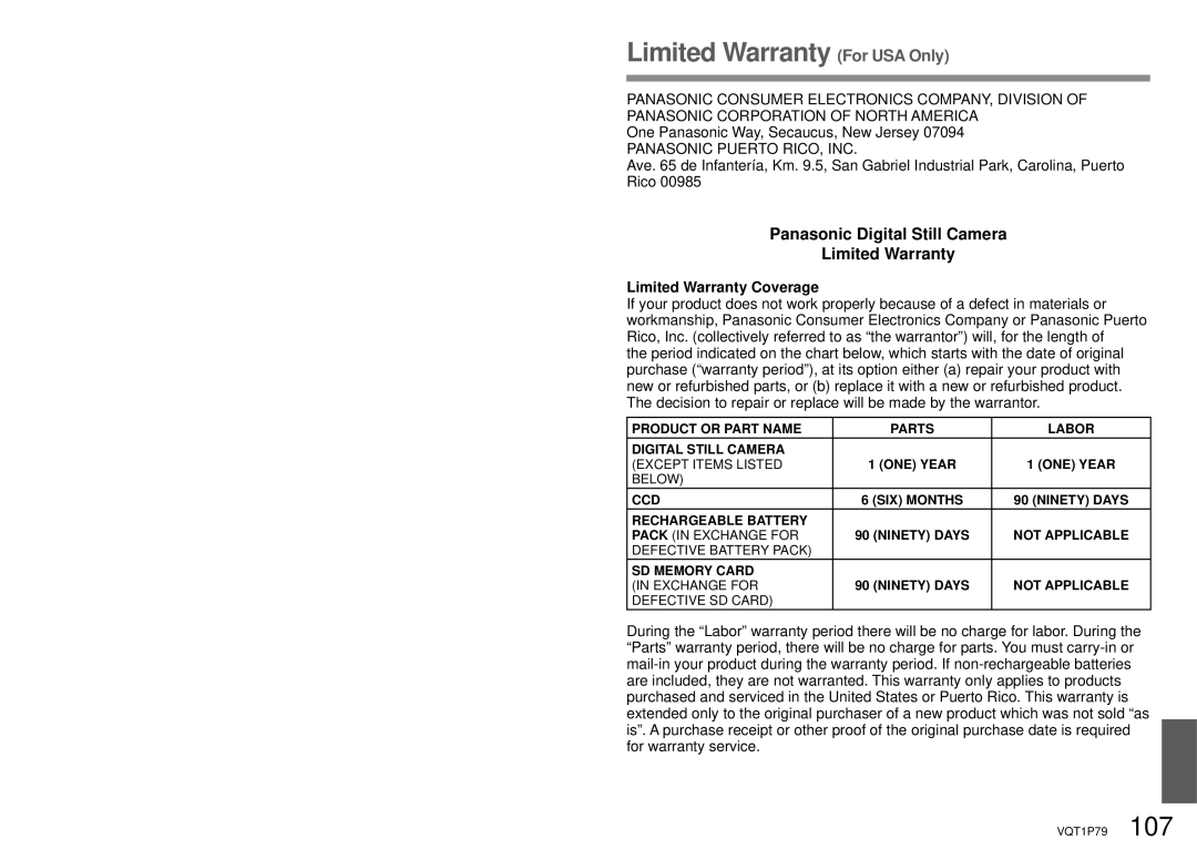 Panasonic DMC-TZ4, DMC-TZ5 Limited Warranty For USA Only, Panasonic Digital Still Camera Limited Warranty 