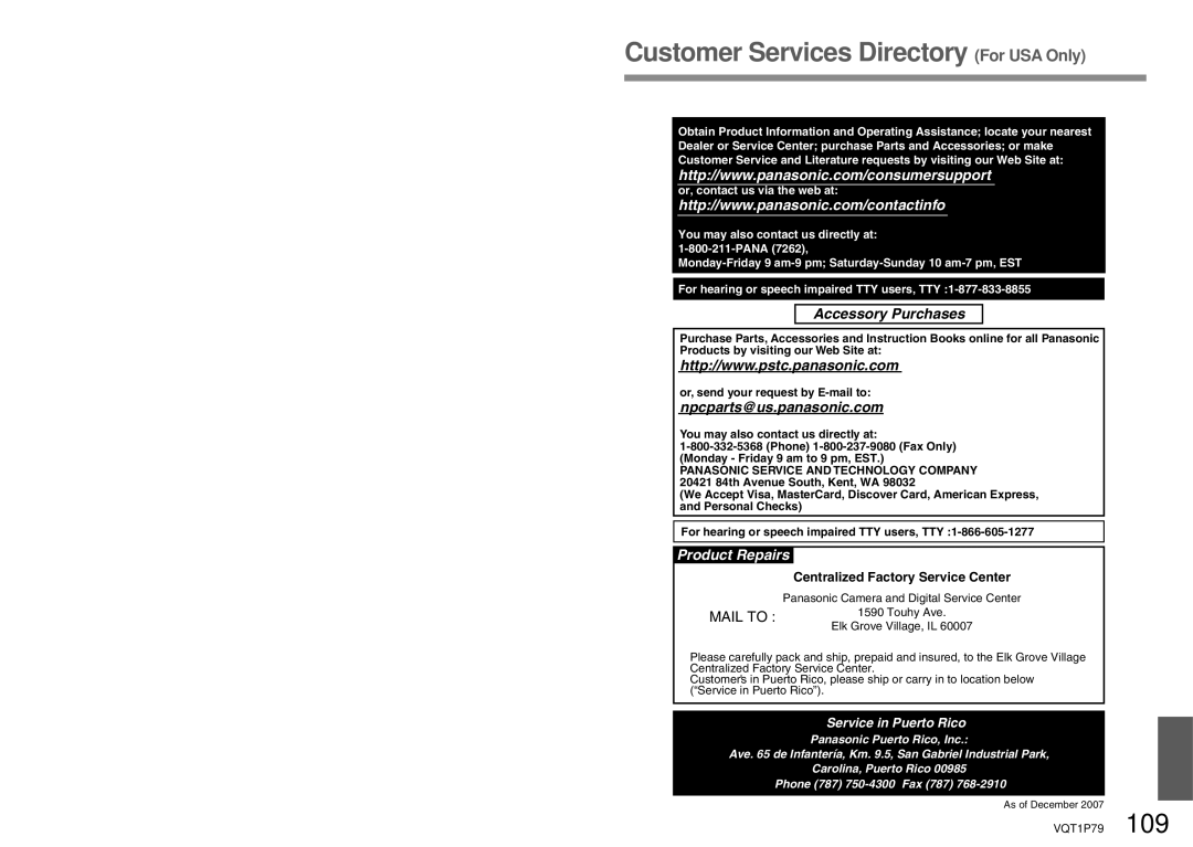 Panasonic DMC-TZ4, DMC-TZ5 operating instructions Customer Services Directory For USA Only, Accessory Purchases 