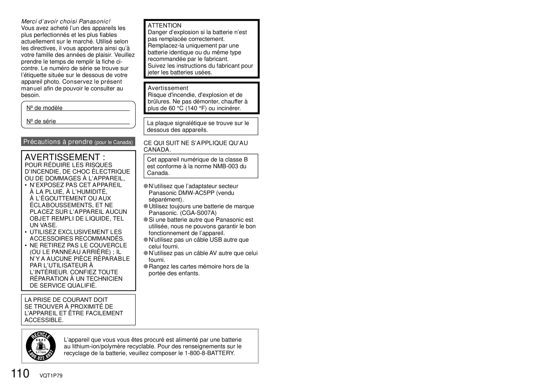 Panasonic DMC-TZ5, DMC-TZ4 operating instructions Avertissement, CE QUI Suit NE S’APPLIQUE QU’AU Canada 