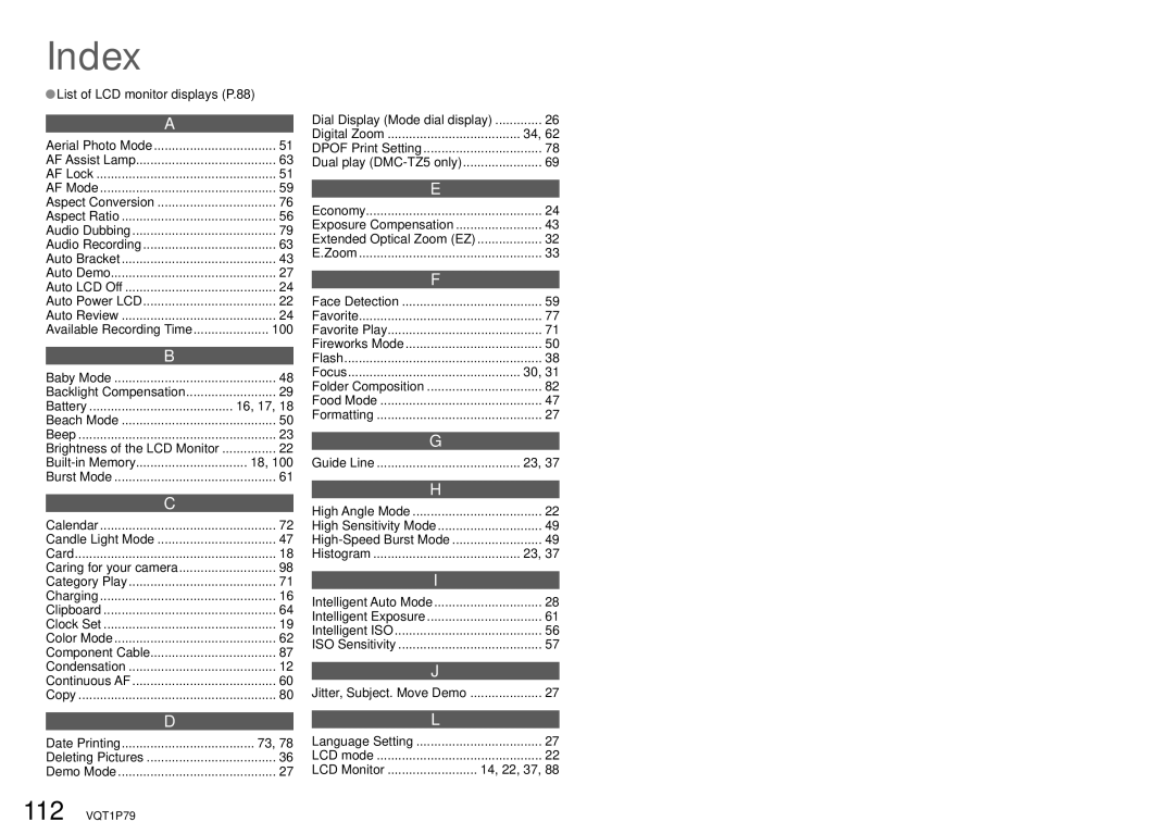 Panasonic DMC-TZ5, DMC-TZ4 operating instructions List of LCD monitor displays P.88, 100, Dial Display Mode dial display 