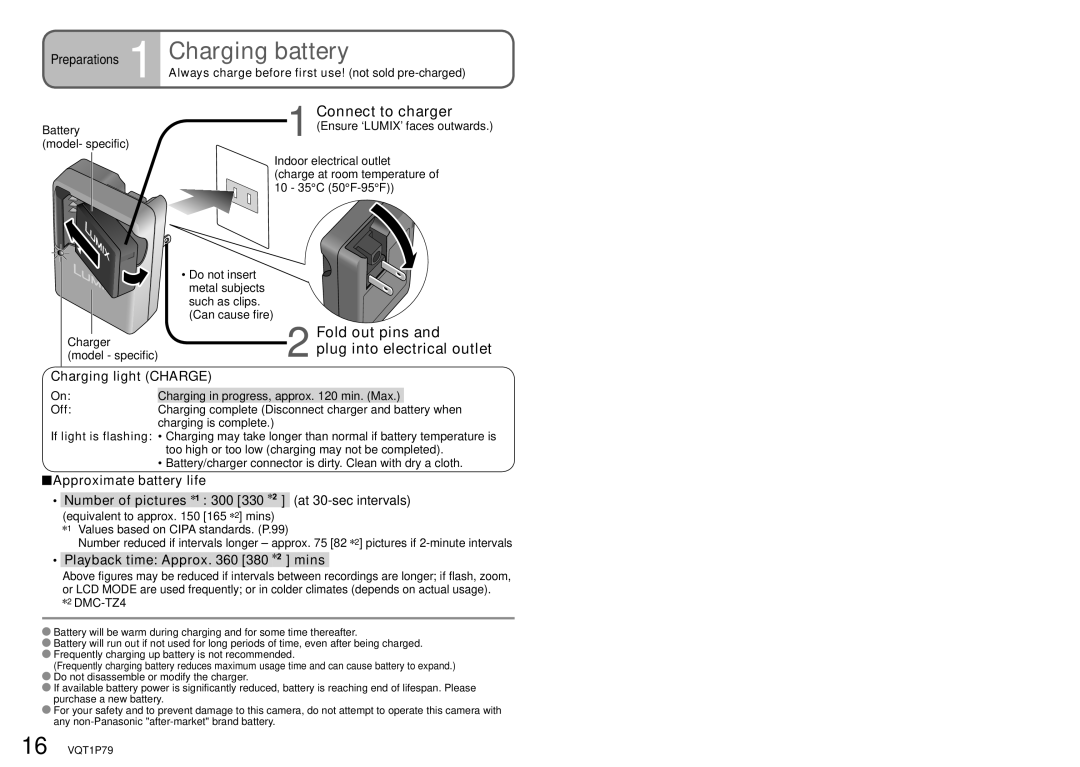 Panasonic DMC-TZ5, DMC-TZ4 Charging battery, Fold out pins Plug into electrical outlet, Charging light Charge 