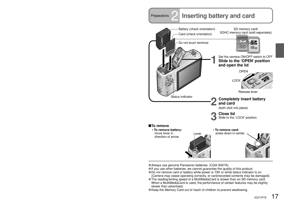 Panasonic DMC-TZ4, DMC-TZ5 operating instructions Preparations 2 Inserting battery and card 