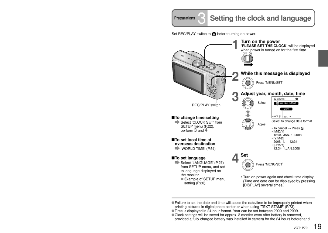 Panasonic DMC-TZ4 Preparations 3 Setting the clock and language, Turn on the power, While this message is displayed 