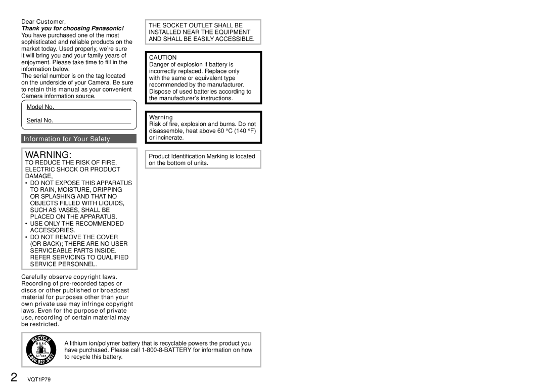 Panasonic DMC-TZ5, DMC-TZ4 operating instructions Dear Customer, Serial No 