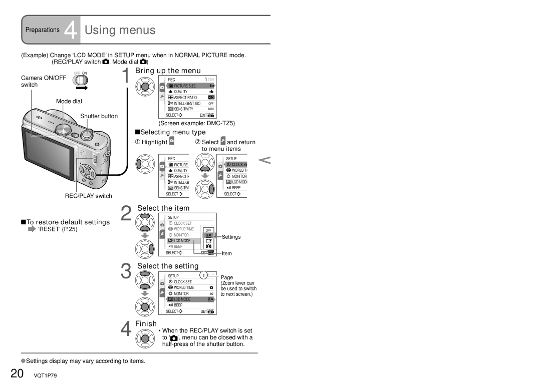 Panasonic DMC-TZ5, DMC-TZ4 operating instructions Bring up the menu, Select the item, Select the setting, Finish 