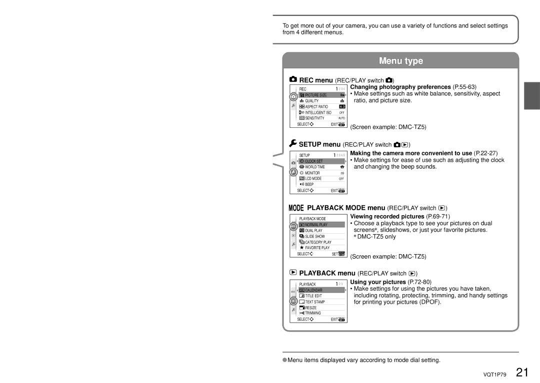 Panasonic DMC-TZ4 Playback Mode menu REC/PLAY switch, Setup menu REC/PLAY switch, Viewing recorded pictures P.69-71 