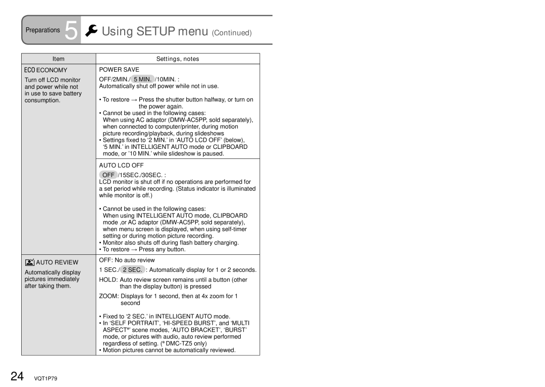 Panasonic DMC-TZ5, DMC-TZ4 Economy Power Save, OFF/2MIN./ 5 MIN. /10MIN, Auto LCD OFF, OFF /15SEC./30SEC, Auto Review 