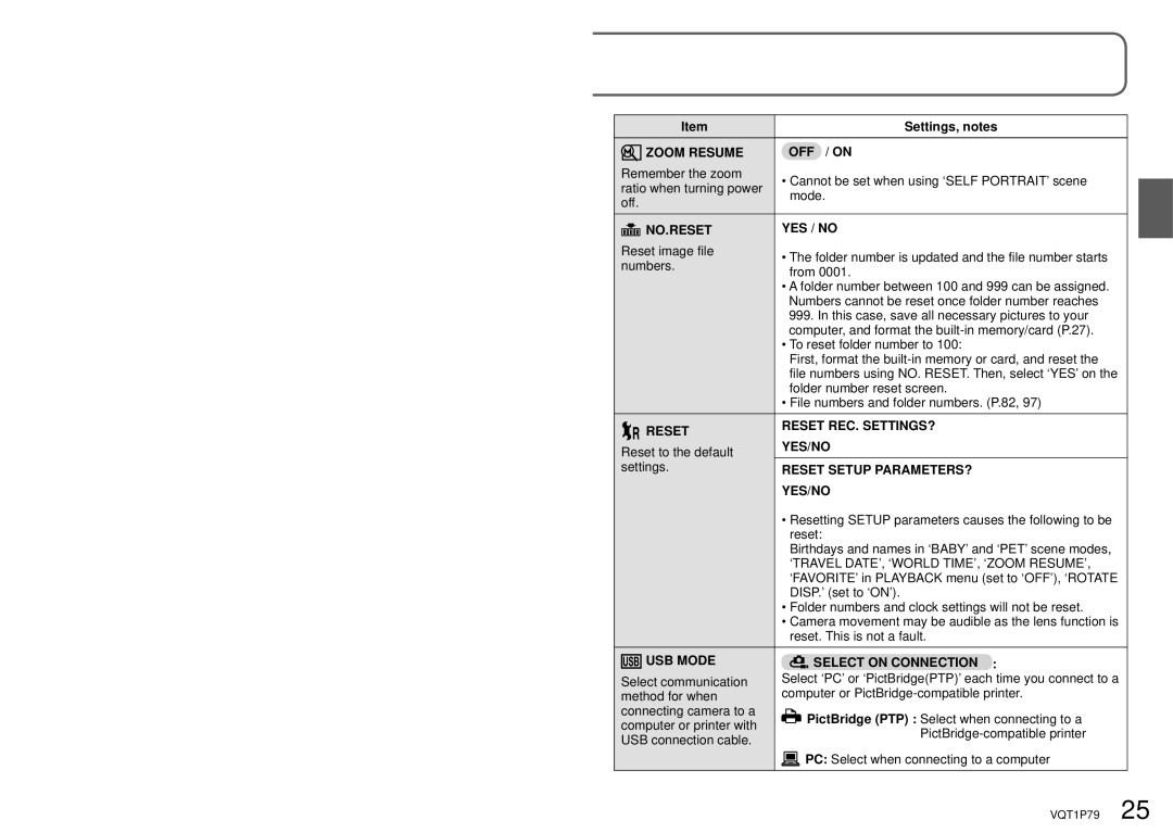 Panasonic DMC-TZ4 Zoom Resume OFF / on, NO.RESET YES / no, Reset Reset REC. SETTINGS? YES/NO, Reset Setup PARAMETERS? 