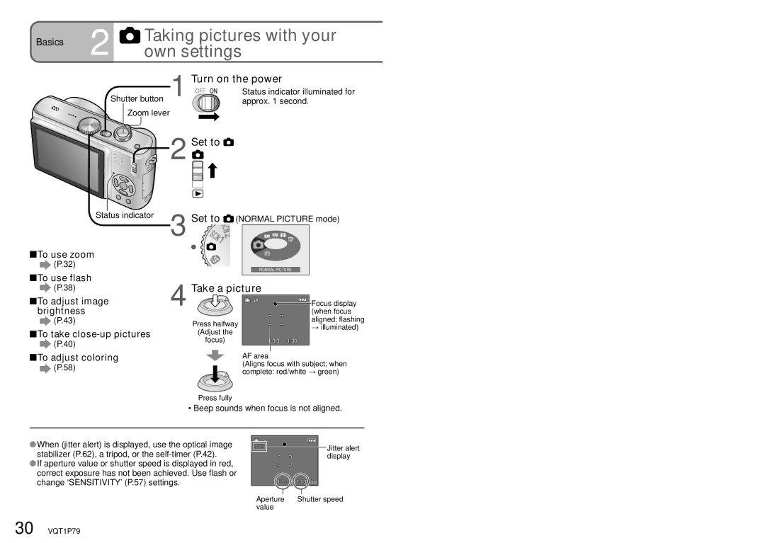 Panasonic DMC-TZ5, DMC-TZ4 Taking pictures with your, Own settings, To use zoom To use flash, To adjust coloring 