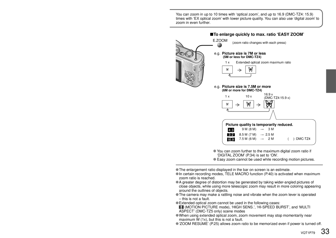 Panasonic DMC-TZ4 To enlarge quickly to max. ratio ‘EASY ZOOM’, Picture size is 7M or less, Picture size is 7.5M or more 