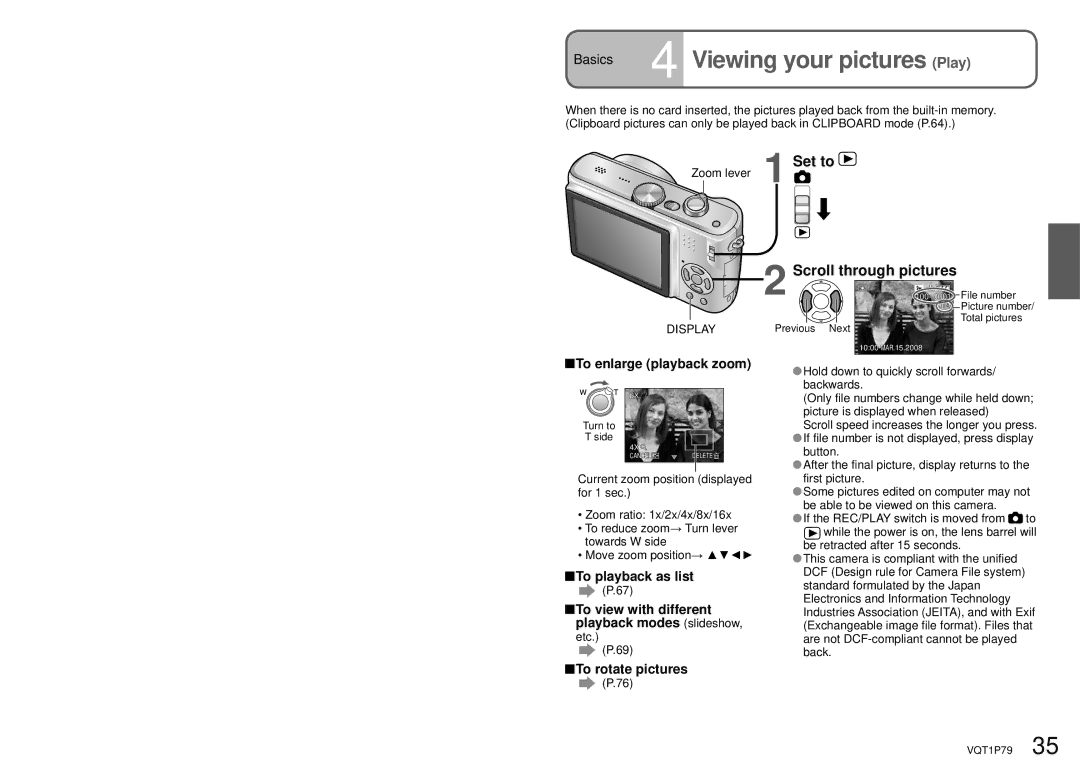 Panasonic DMC-TZ4, DMC-TZ5 Basics 4 Viewing your pictures Play, Scroll through pictures, To enlarge playback zoom 