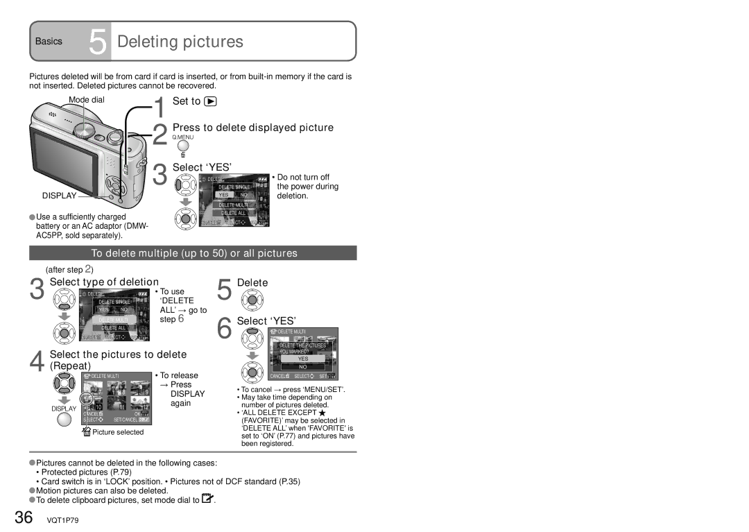 Panasonic DMC-TZ5, DMC-TZ4 operating instructions To delete multiple up to 50 or all pictures 