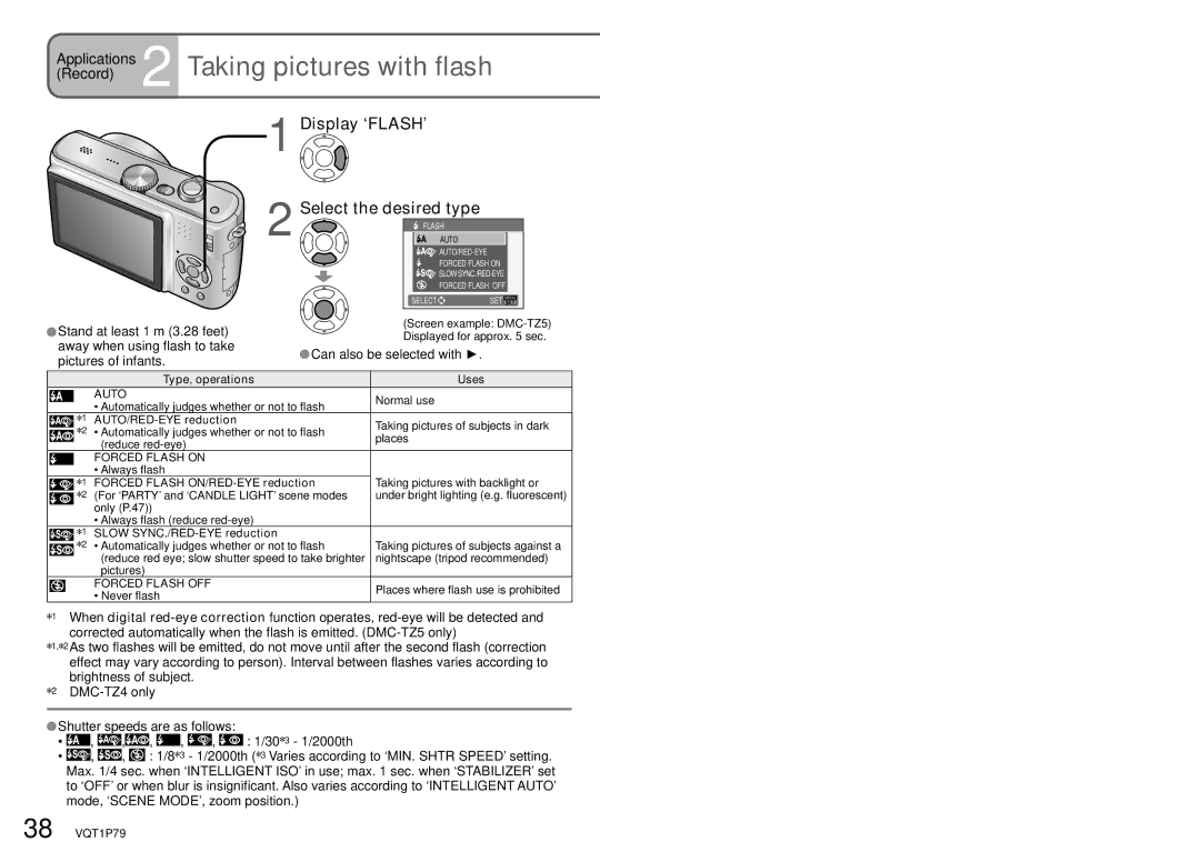 Panasonic DMC-TZ5, DMC-TZ4 Applications 2 Taking pictures with flash, Display ‘FLASH’ Select the desired type 