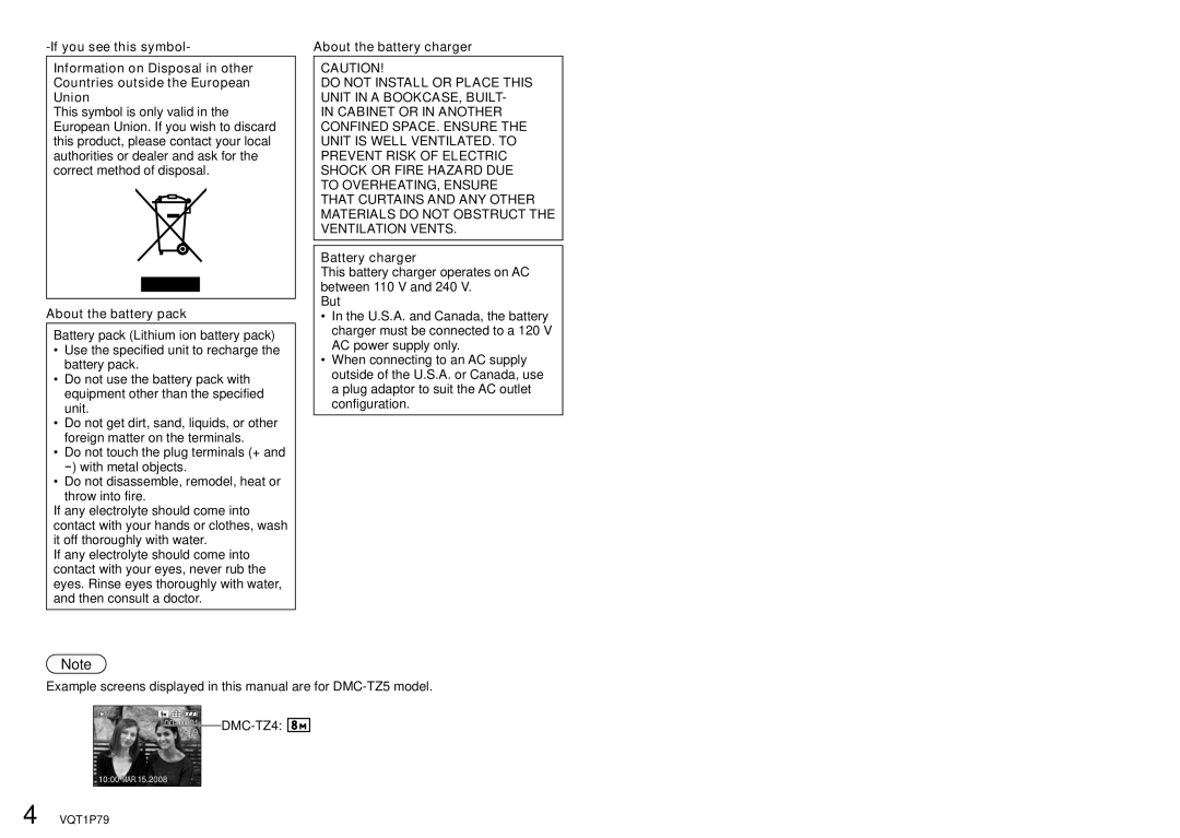 Panasonic DMC-TZ5, DMC-TZ4 operating instructions About the battery pack, About the battery charger, Battery charger 