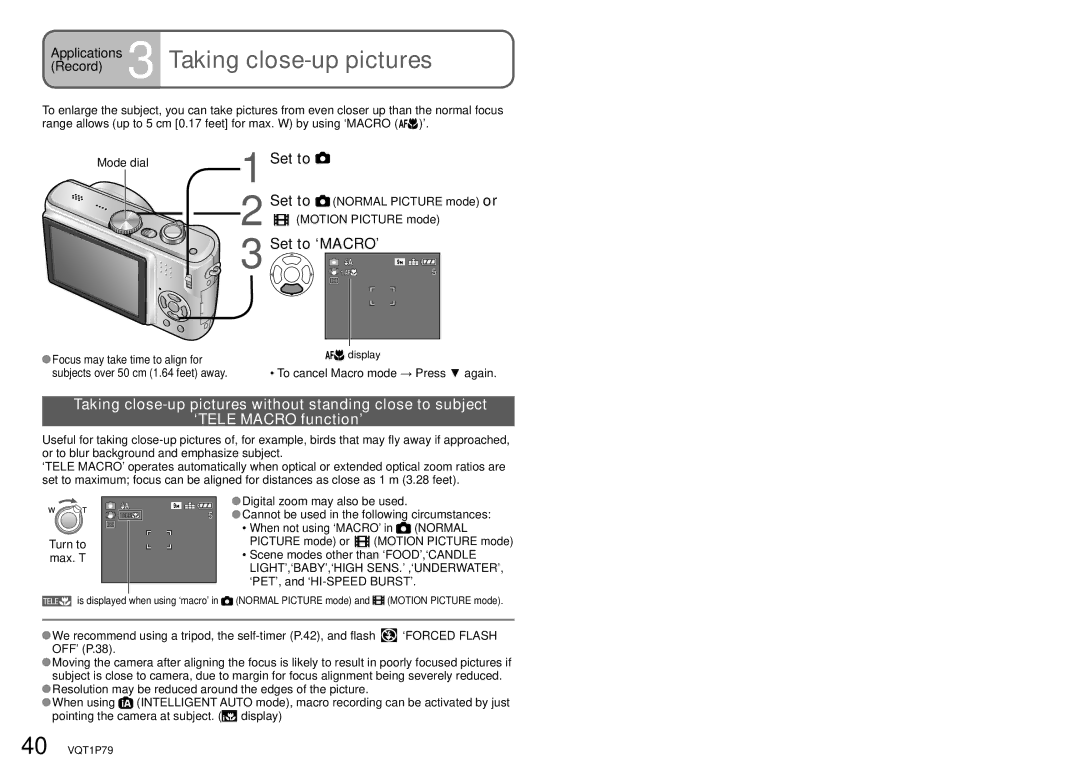 Panasonic DMC-TZ5 Applications 3 Taking close-up pictures, Set to ‘MACRO’, Mode dial, Set to Normal Picture mode or 