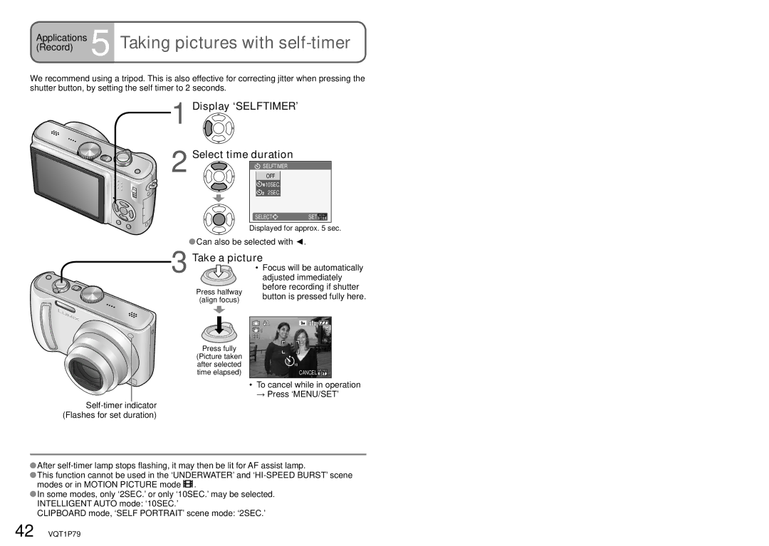 Panasonic DMC-TZ5, DMC-TZ4 Applications 5 Taking pictures with self-timer, Display ‘SELFTIMER’ Select time duration 