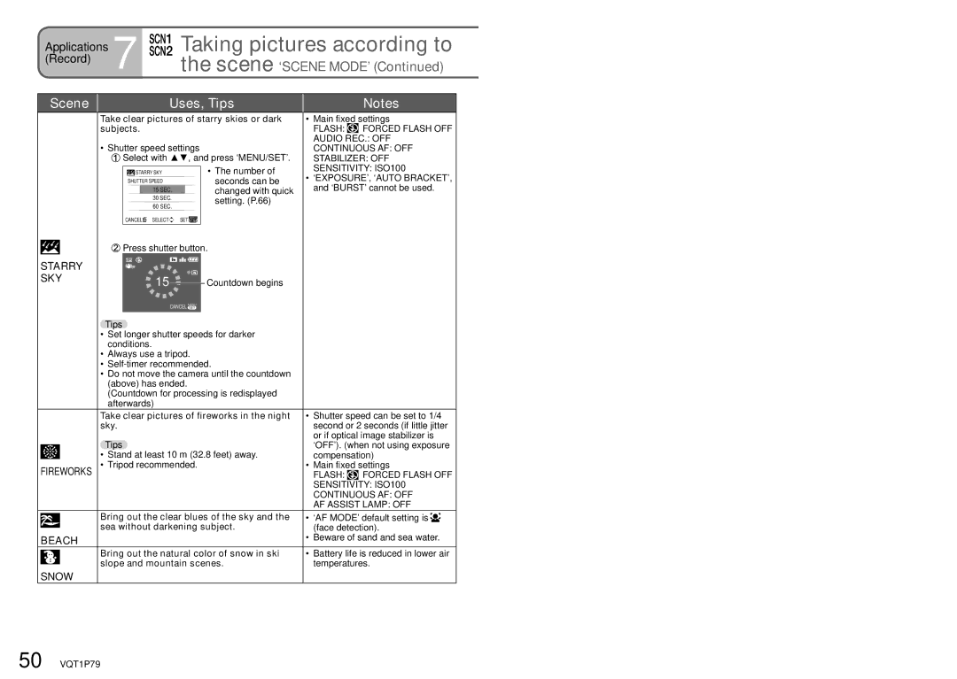 Panasonic DMC-TZ5, DMC-TZ4 operating instructions Beach, Snow, Fireworks 