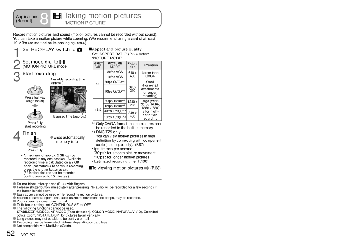 Panasonic DMC-TZ4 Set REC/PLAY switch to, Start recording, Aspect and picture quality, DMC-TZ5 only 