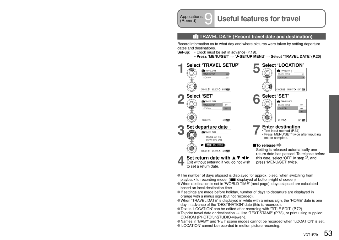 Panasonic DMC-TZ4, DMC-TZ5 Applications 9 Useful features for travel, Travel Date Record travel date and destination 