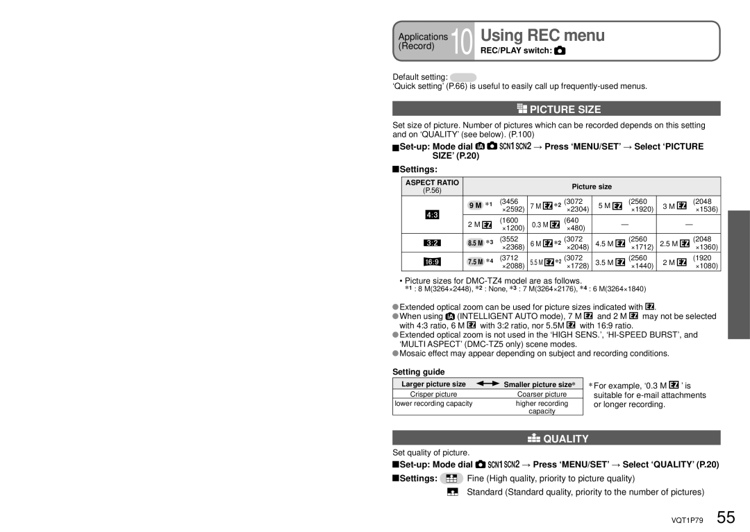 Panasonic DMC-TZ4, DMC-TZ5 operating instructions Picture Size, Quality, REC/PLAY switch, Setting guide 