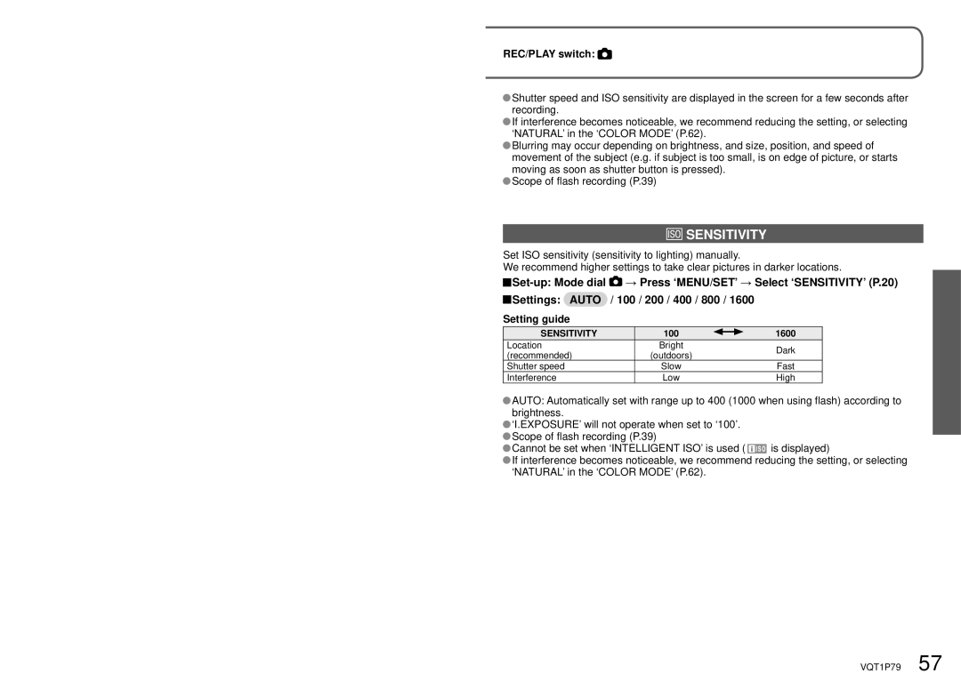 Panasonic DMC-TZ4, DMC-TZ5 operating instructions Sensitivity, 100 1600 