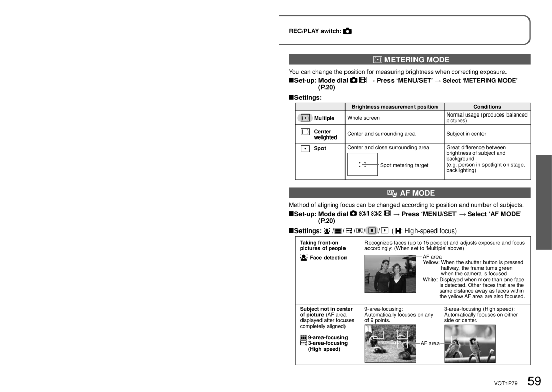 Panasonic DMC-TZ4, DMC-TZ5 operating instructions Metering Mode, AF Mode, High-speed focus 