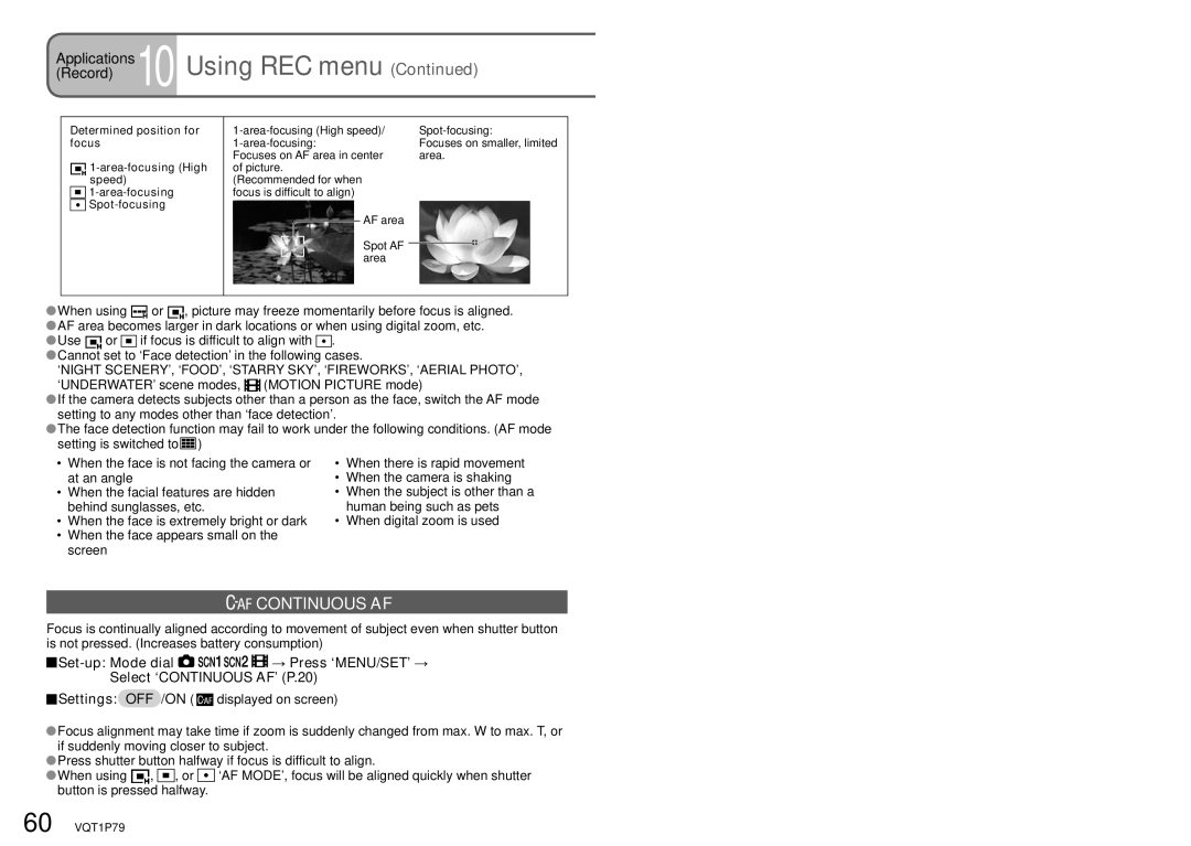 Panasonic DMC-TZ5, DMC-TZ4 operating instructions Continuous AF 