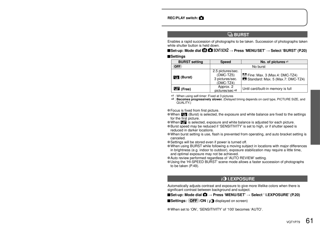 Panasonic DMC-TZ4, DMC-TZ5 operating instructions Burst, No. of pictures, Free 