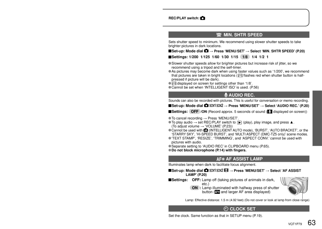 Panasonic DMC-TZ4, DMC-TZ5 operating instructions MIN. Shtr Speed, Audio REC, AF Assist Lamp, Clock SET 