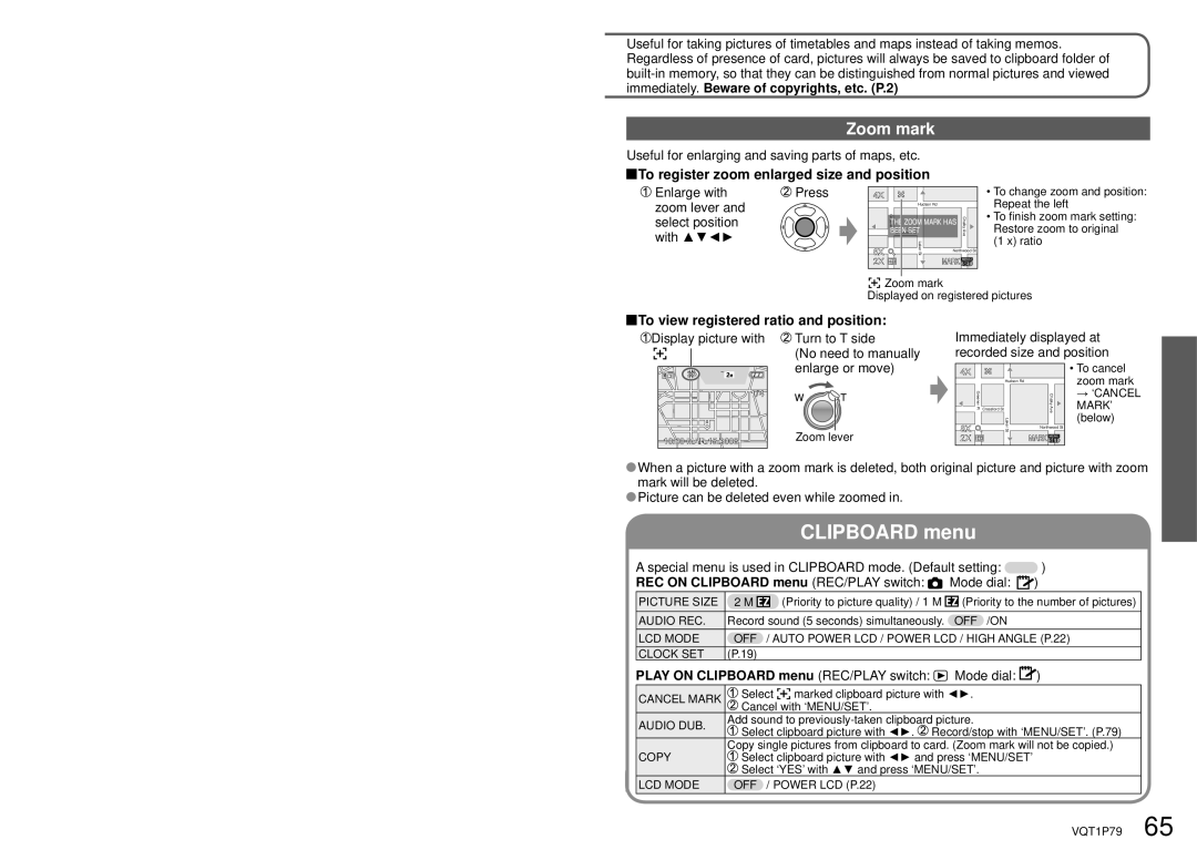 Panasonic DMC-TZ4, DMC-TZ5 Zoom mark, To register zoom enlarged size and position, To view registered ratio and position 