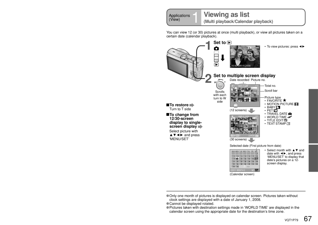 Panasonic DMC-TZ4 Viewing as list, Set to multiple screen display, To restore, Select picture with and press ‘MENU/SET’ 